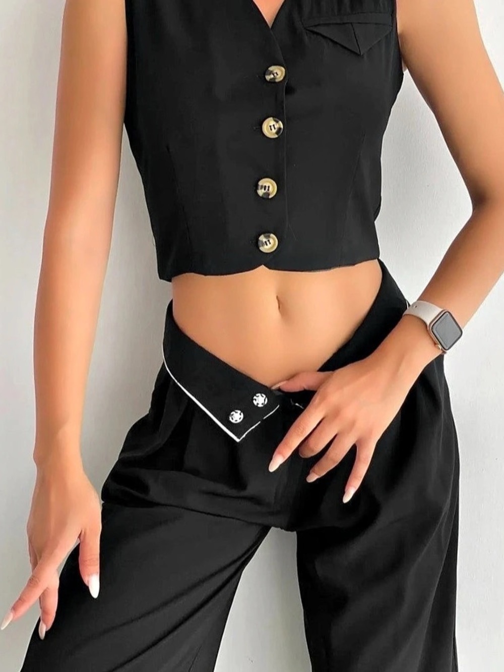 Cropped Button Front Vest in Black Like New and pants 120